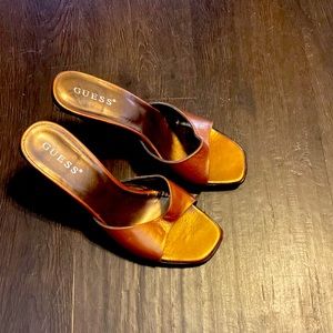 Guess US 7 brown 3.25 heel mule slide with copper leather